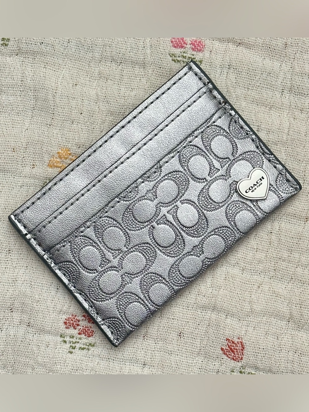 Coach Heart Signature Essential Card Case in Silver Metallic Leather